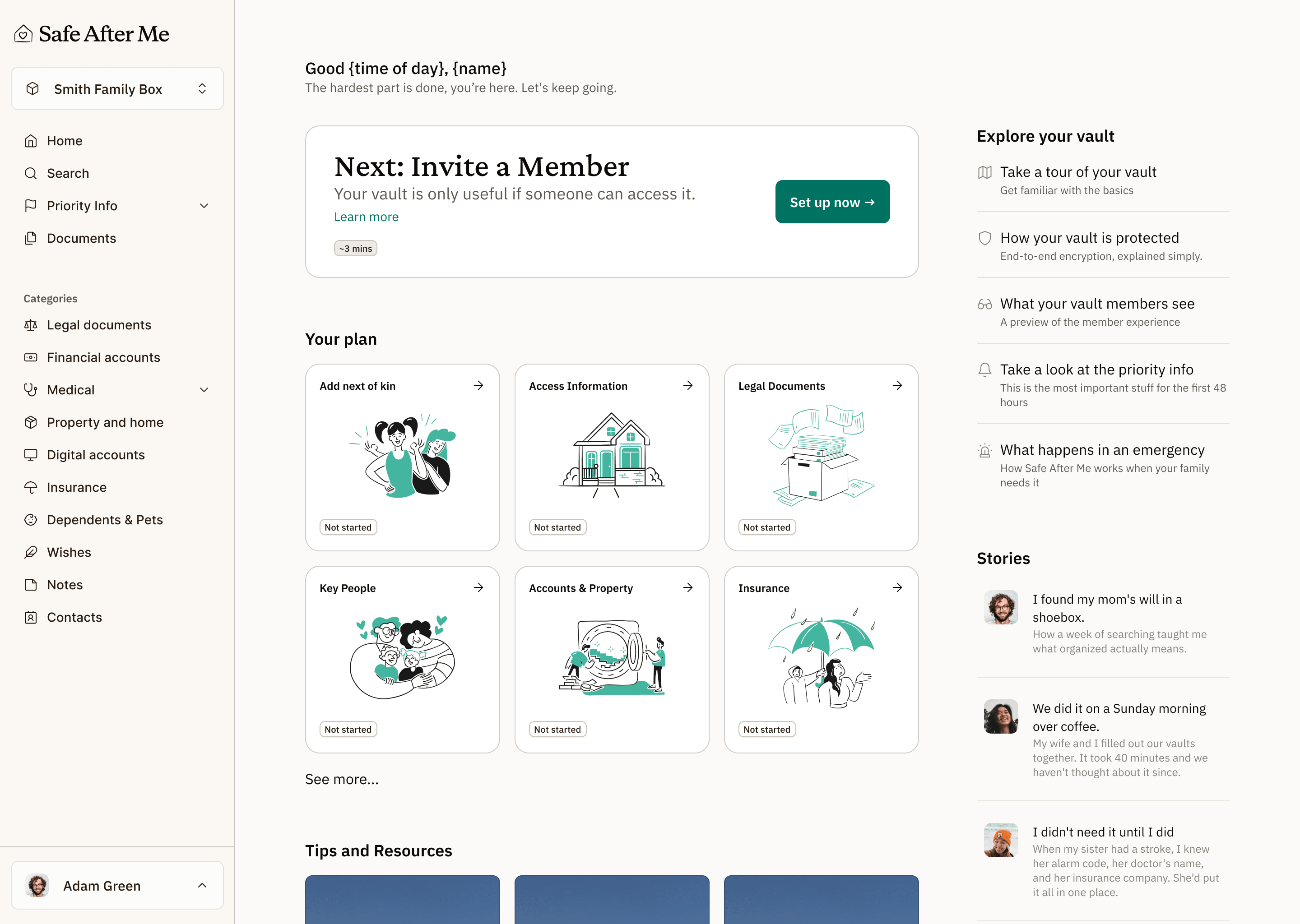 Safe After Me dashboard with a recommended next step and setup categories