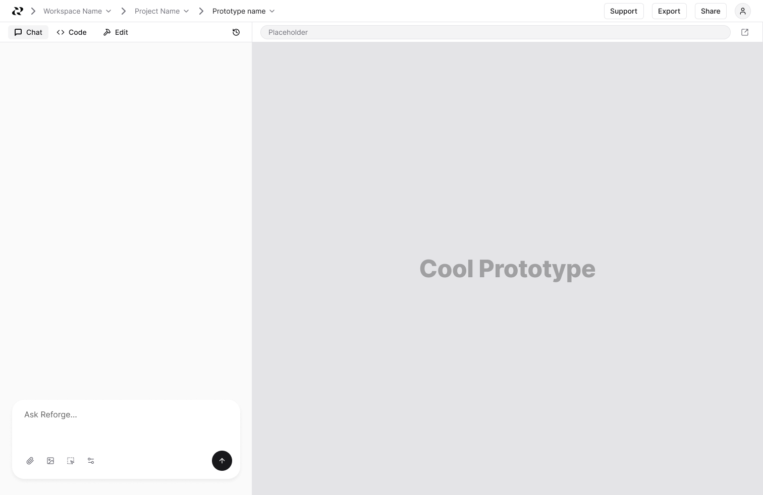 Early builder interface with workspace, project and prototype breadcrumbs, Chat, Code and Edit tabs, and a blank preview