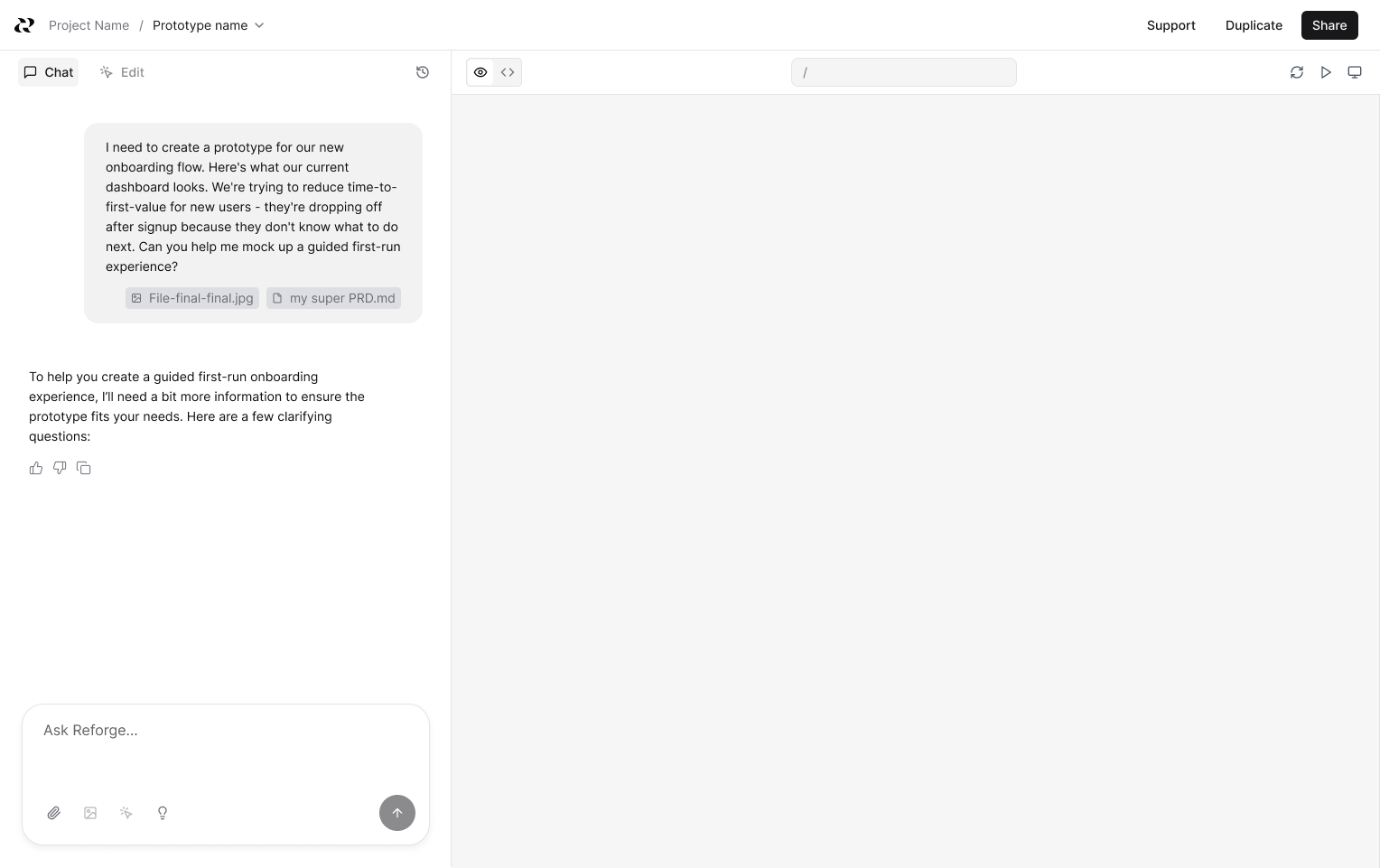 Builder interface with image and PRD attachments in the conversation, a simplified project header, and preview and code controls beside the canvas